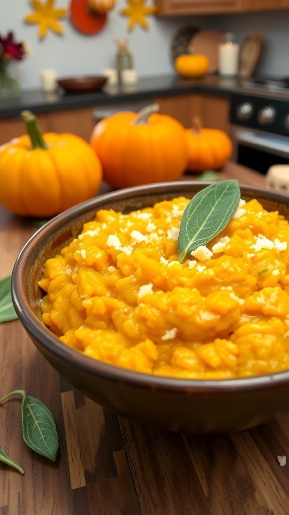 A bowl of creamy pumpkin risotto garnished with sage and parmesan, set in a cozy kitchen.